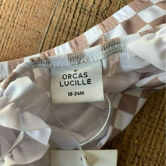 Orcas Lucille baby girls tan and white checkered swimsuit top with ruffle sleeve - Picture 3 of 6